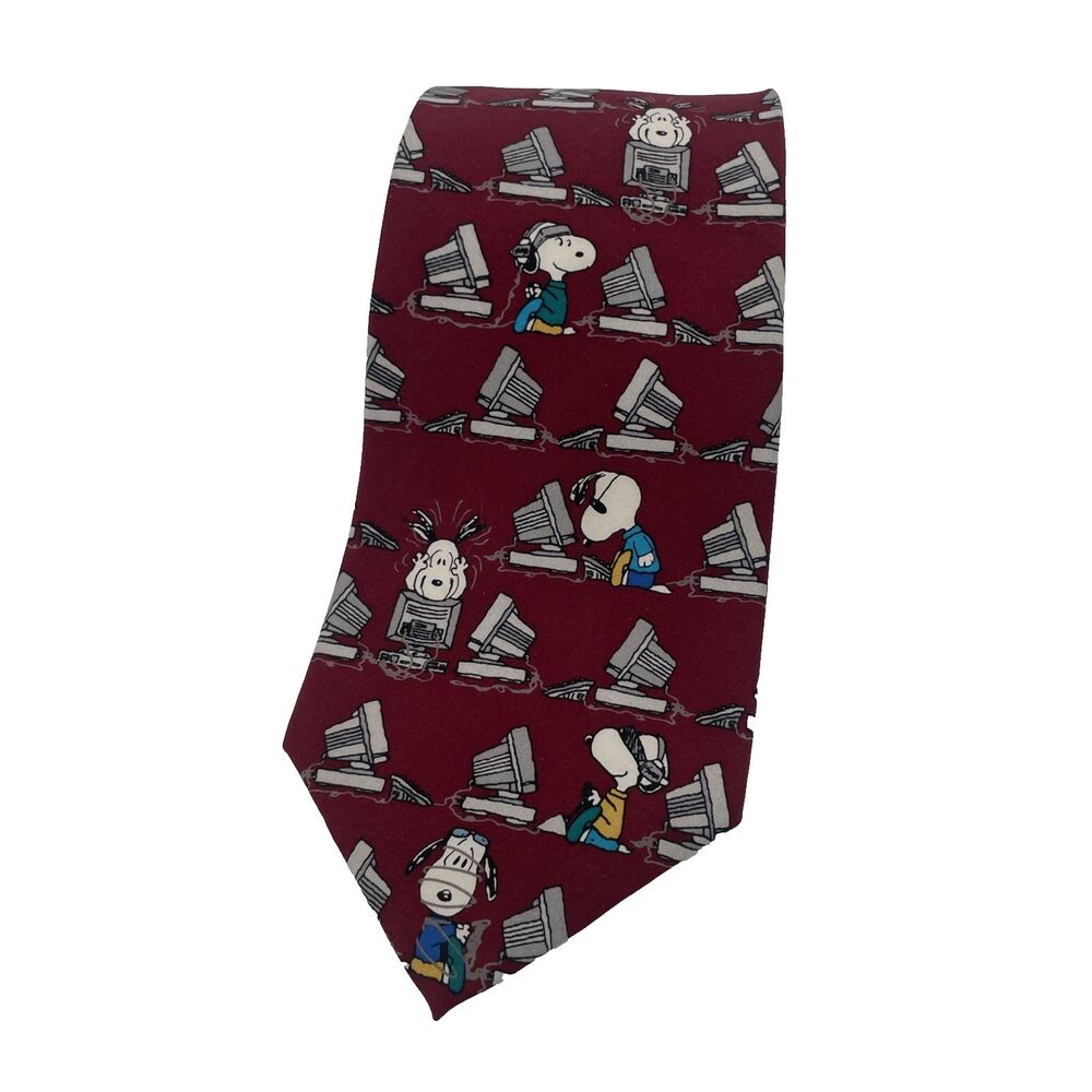 Vintage Peanuts Snoopy Computer Genius Tie Silk Red Maroon Burgundy USA 56" x 4"